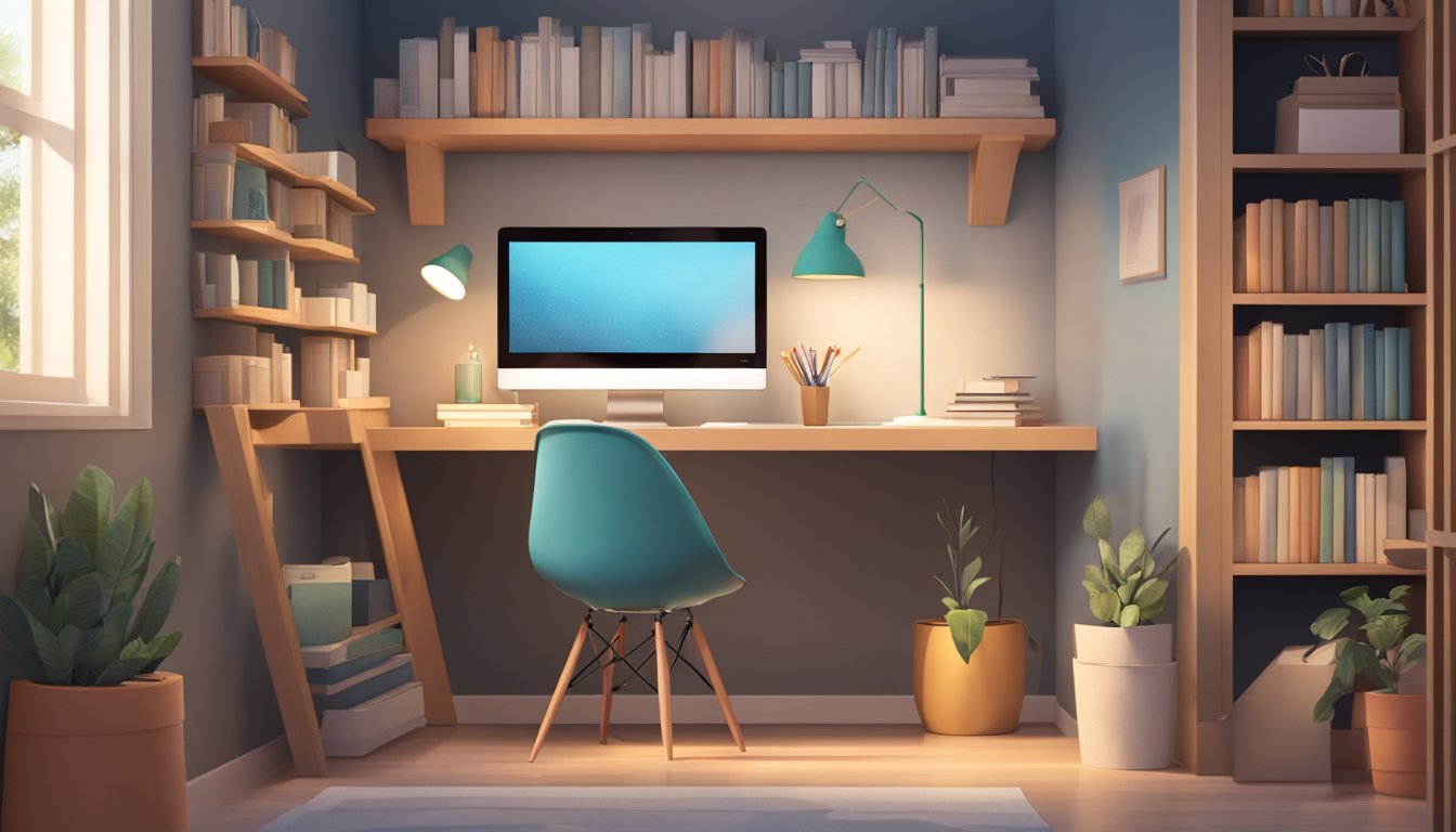 A small study room with a compact desk, shelves for storage, and a cozy reading nook with a comfortable chair and soft lighting