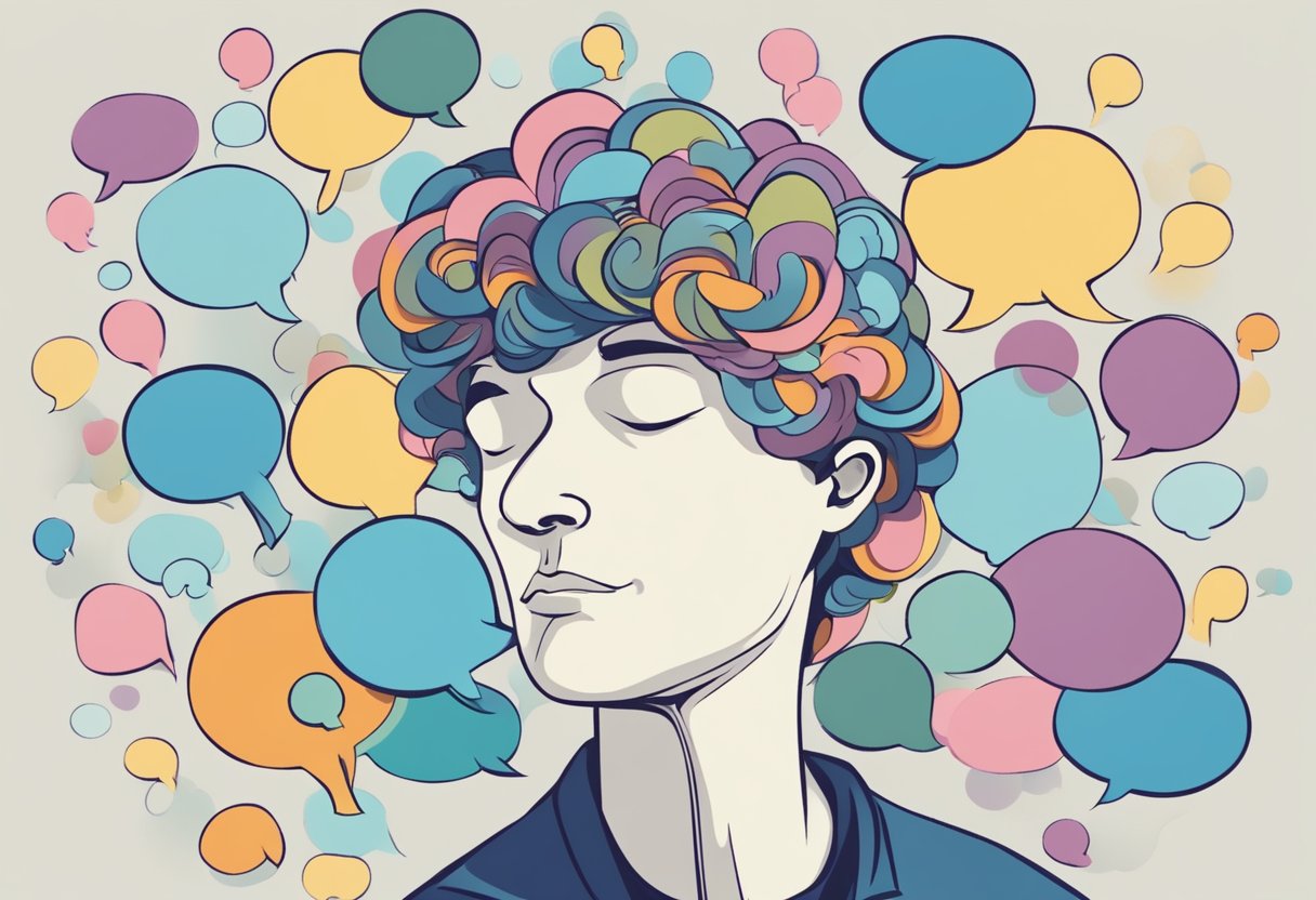 A person pondering, surrounded by thought bubbles with qualities like kindness, humor, and intelligence floating around them