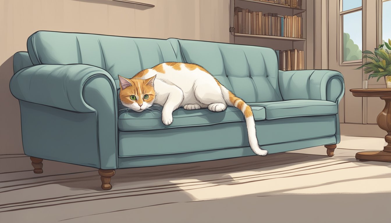 A cat cautiously approaches a sofa, its claws retracted. The sofa's surface shows no signs of scratching, and the cat tentatively tests it with a paw