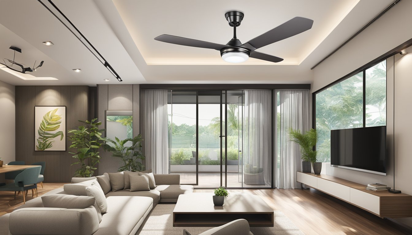 A modern ceiling fan with LED light hangs from a high ceiling in a contemporary Singaporean home