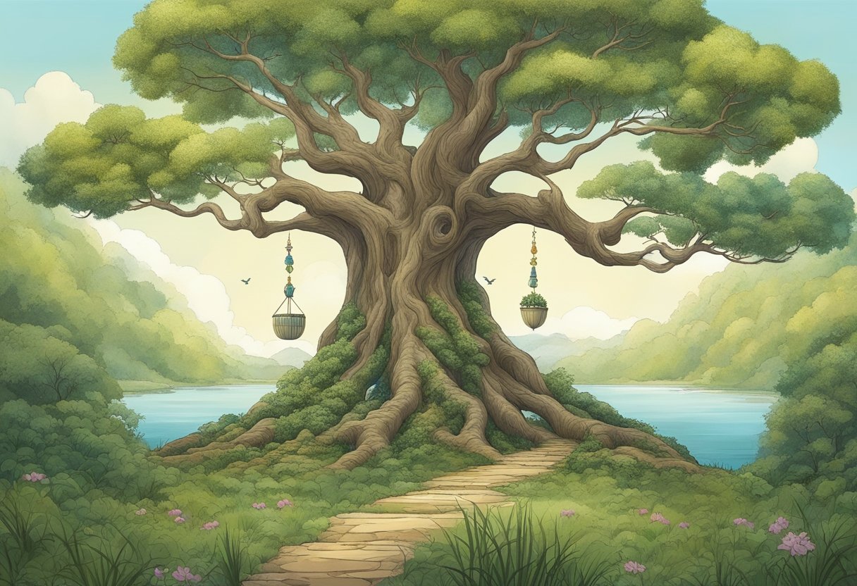 A serene setting with a tree standing tall, symbolizing strength and stability. Surrounding the tree are various symbols representing qualities valued in a partner, such as love, trust, and respect