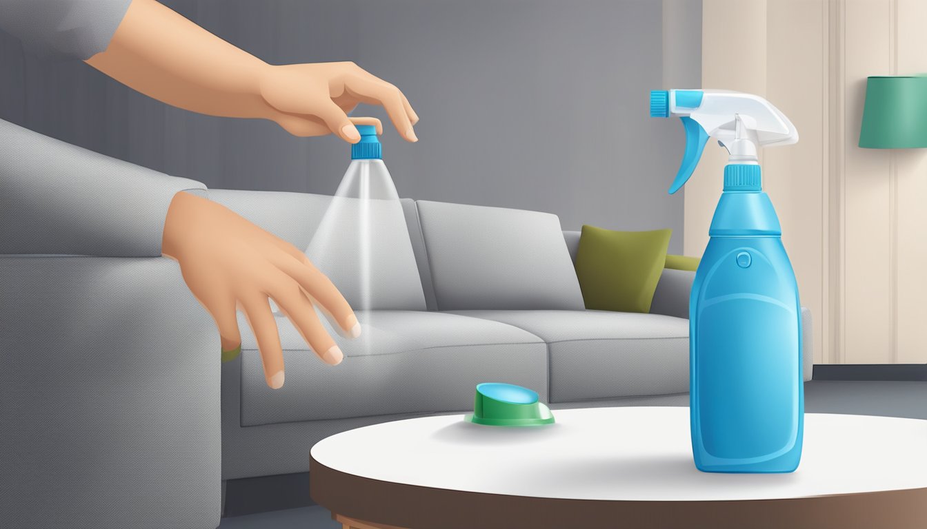 A hand reaches for a spray bottle on a table next to a sofa. The sofa is covered with a protective anti-scratch cover