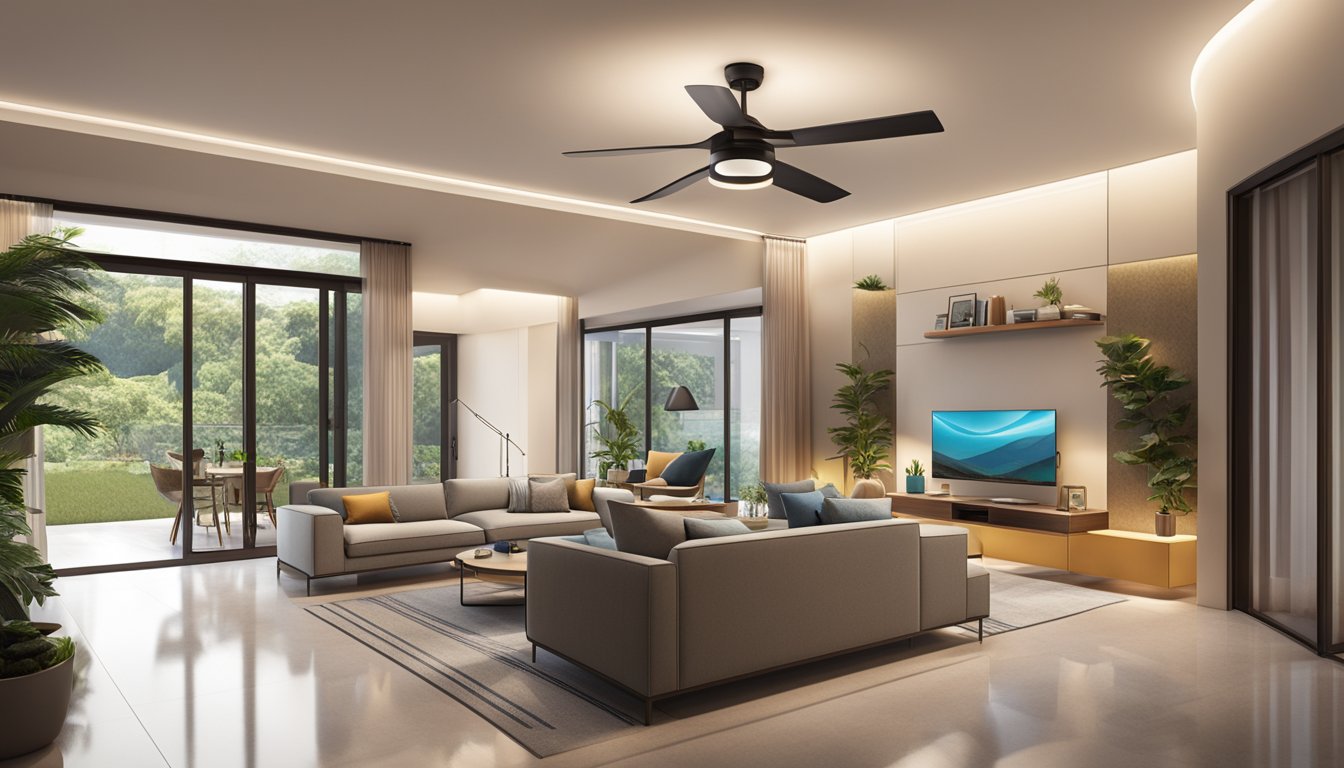 A modern living room with a sleek ceiling fan featuring integrated LED lights, casting a warm glow in a stylish Singaporean home