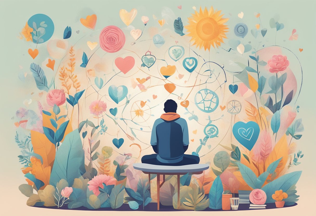 A person pondering life goals, surrounded by symbols of love and personal growth