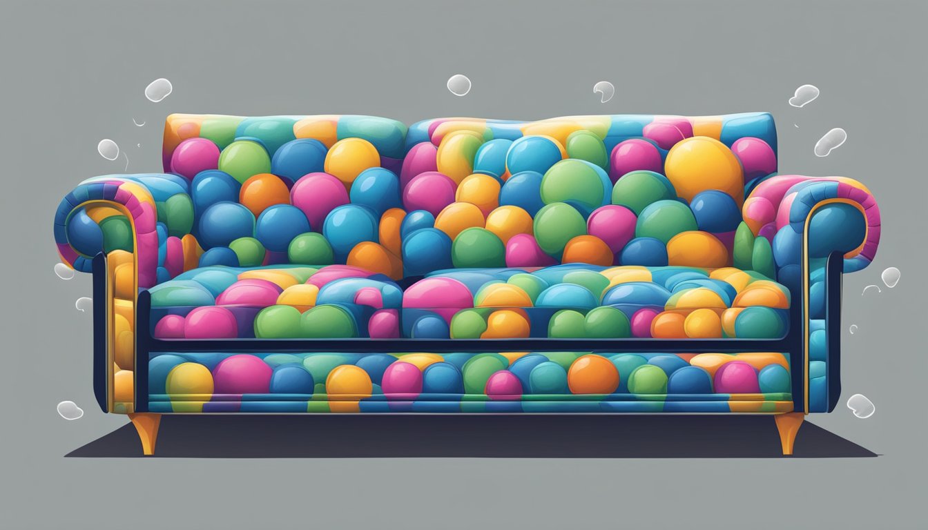 A sofa with a protective coating, untouched by scratches, surrounded by question marks