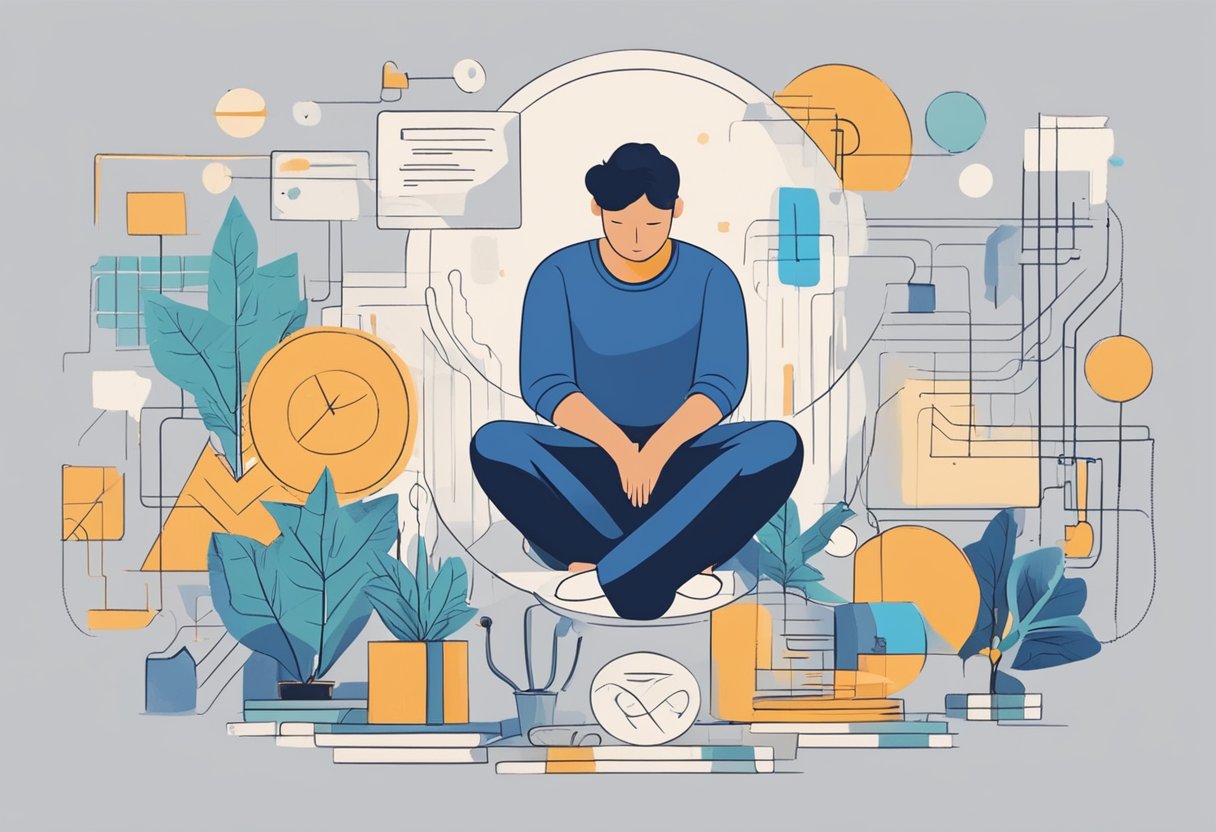 A person sitting in thought, surrounded by symbols of emotional support and partnership. Qualities valued in a partner are represented in the scene