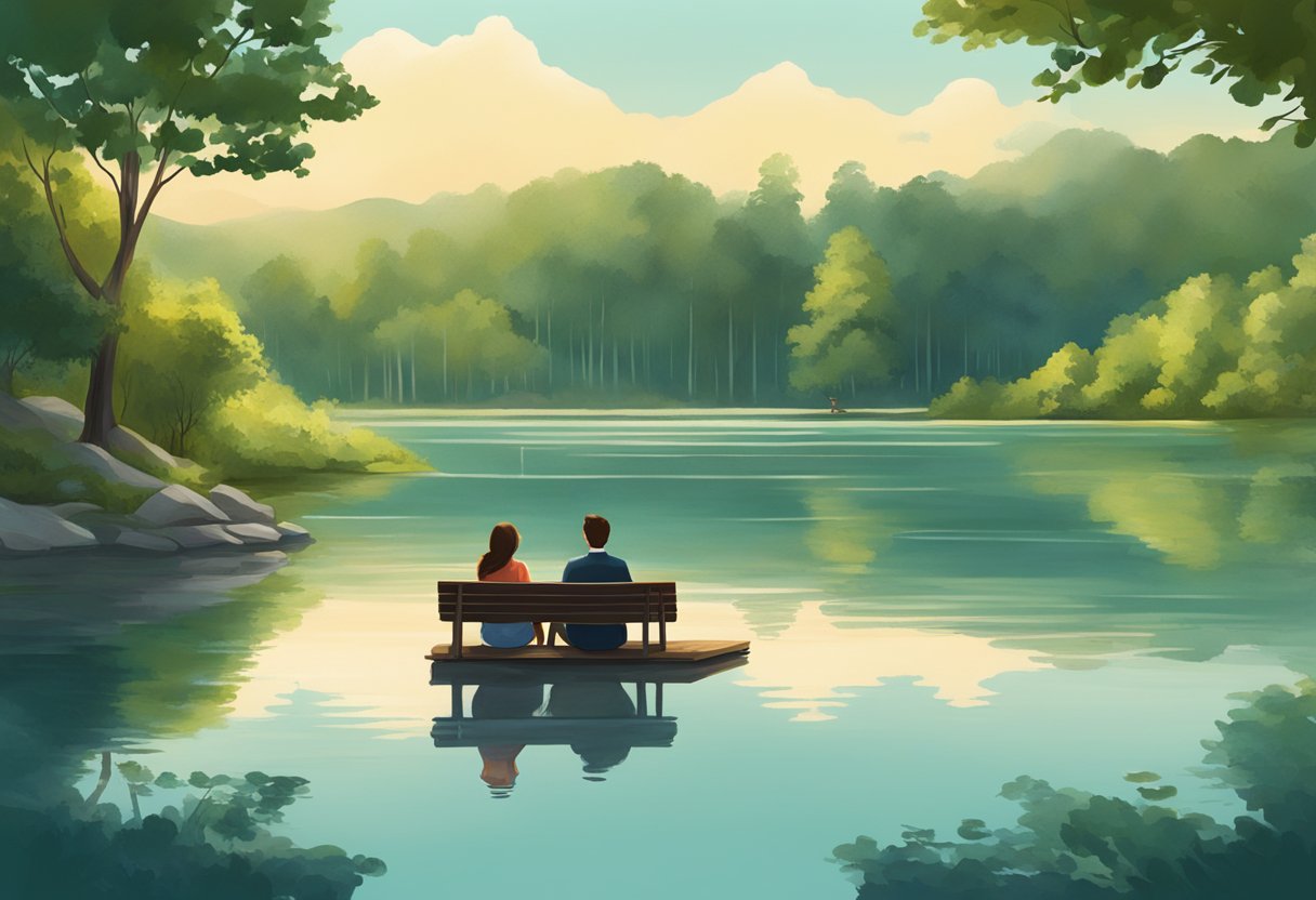 A couple sitting by a serene lake, discussing their values and qualities in a partner, surrounded by lush greenery and a peaceful atmosphere