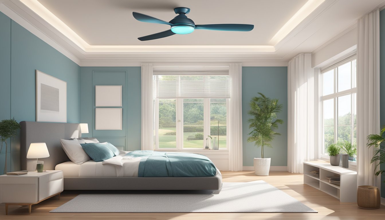 A modern ceiling fan with LED light hanging from a white ceiling, surrounded by a clean and spacious room