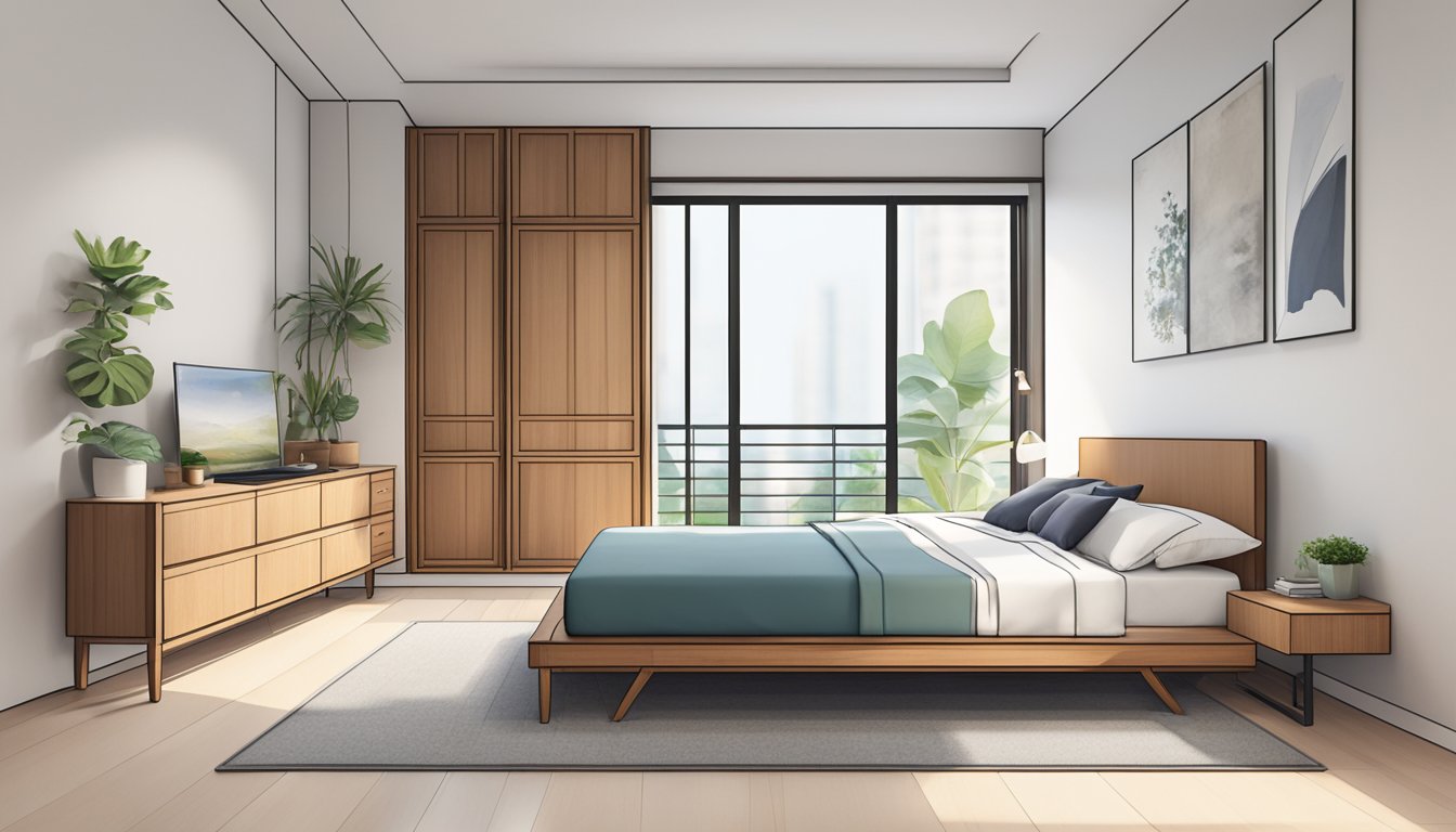 A single wooden bed frame stands in a tidy Singaporean bedroom, with clean lines and minimalistic design