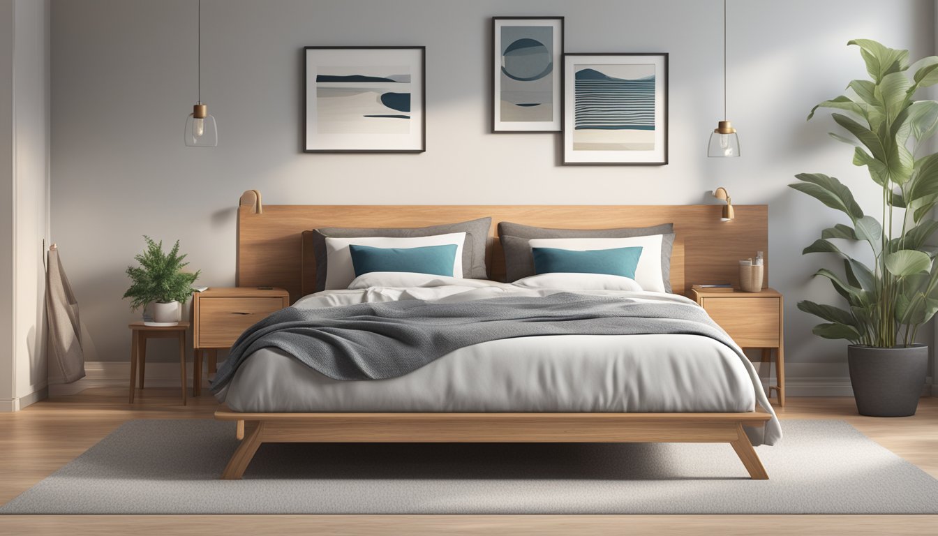 A simple, sturdy wooden bed frame in a clean, modern bedroom setting