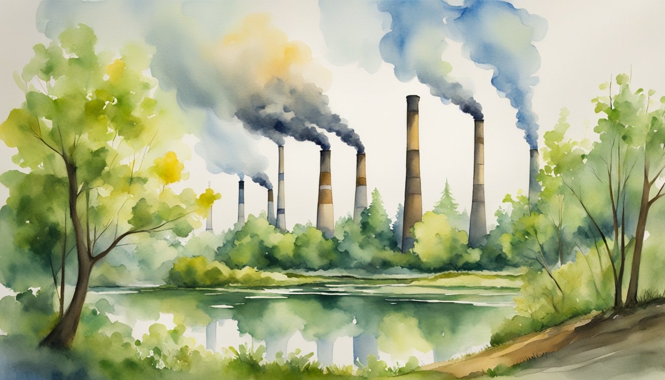 Smokestacks emitting pollutants, while trees absorb carbon dioxide.</p><p>Prices fluctuate on a trading board.</p><p>Wildlife thrives in a clean, green environment