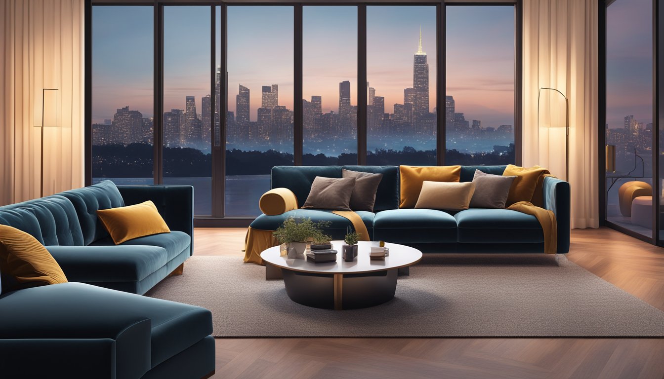 A luxurious velvet sofa in a modern living room with soft, ambient lighting and a view of the city skyline through the window