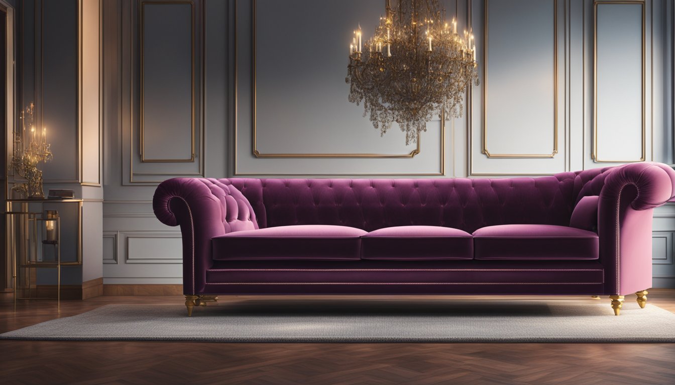 A luxurious velvet sofa sits in a dimly lit room, inviting exploration with its soft texture and rich color