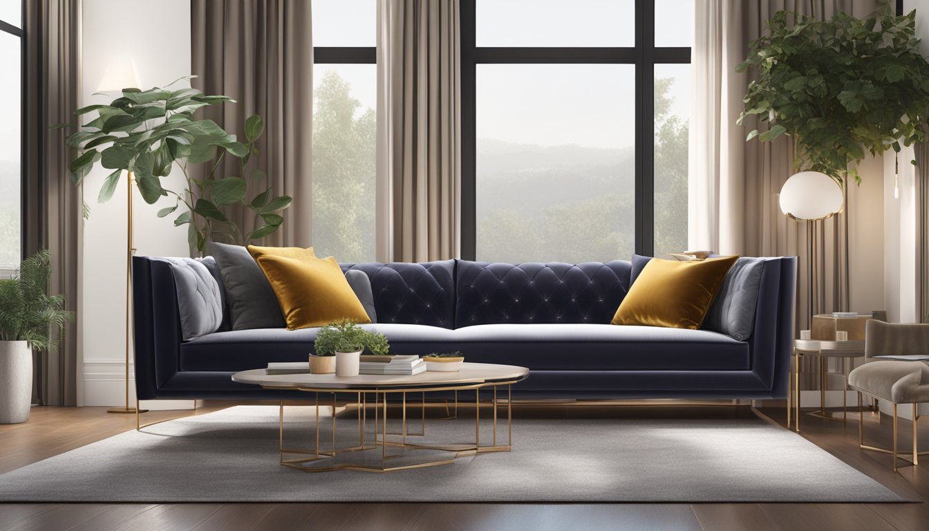 A luxurious velvet sofa in a modern living room, with a sleek design and comfortable cushions, set against a backdrop of stylish decor