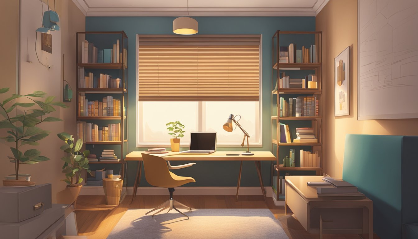 A cozy study room in a HDB flat, with a desk, chair, bookshelf, and soft lighting from a desk lamp