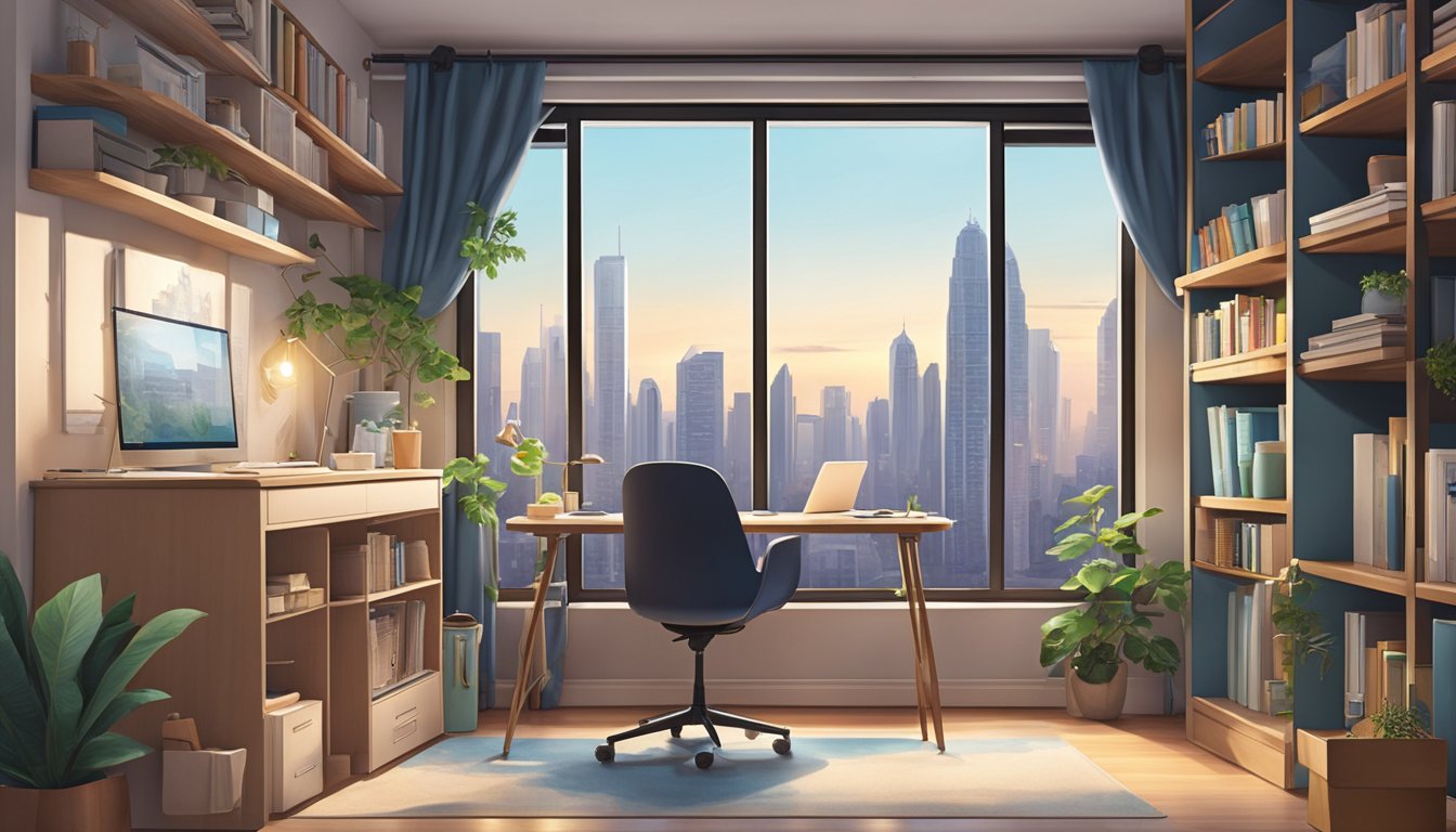 A cozy HDB study room with a desk, bookshelves, and a comfortable chair by the window overlooking the city skyline