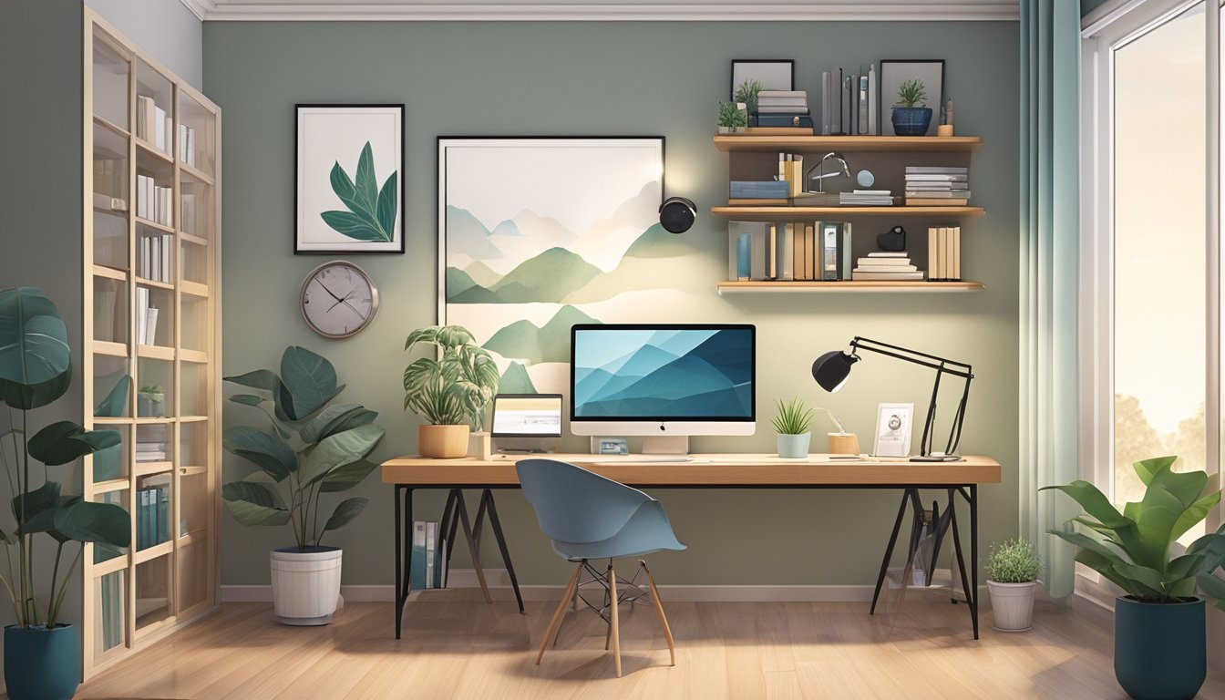 A cozy study room in an HDB flat with personal touches like photos, artwork, and inspirational quotes adorning the walls. A desk with a laptop, books, and a potted plant creates a serene and productive atmosphere