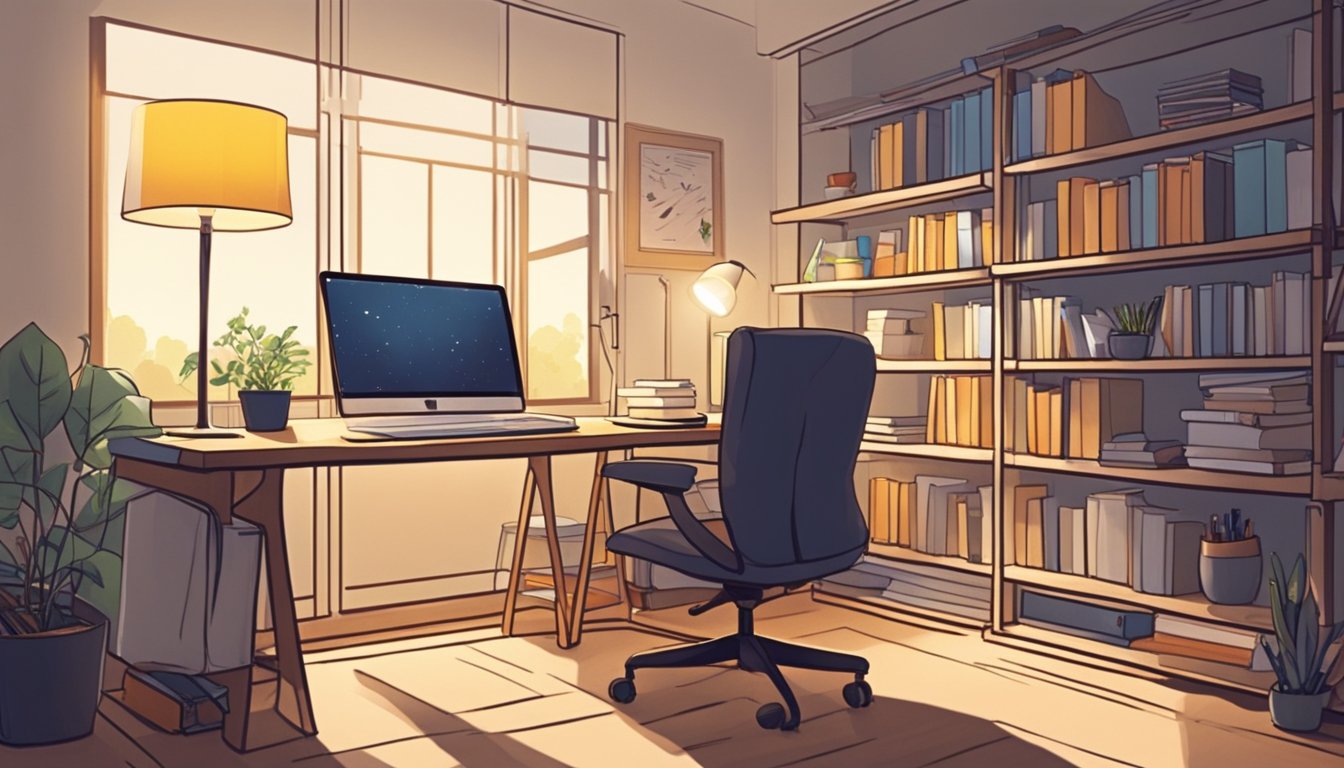 A cozy study room in an HDB flat, with shelves of books, a desk with a computer, and a comfortable chair. A bright lamp illuminates the space, creating a warm and inviting atmosphere