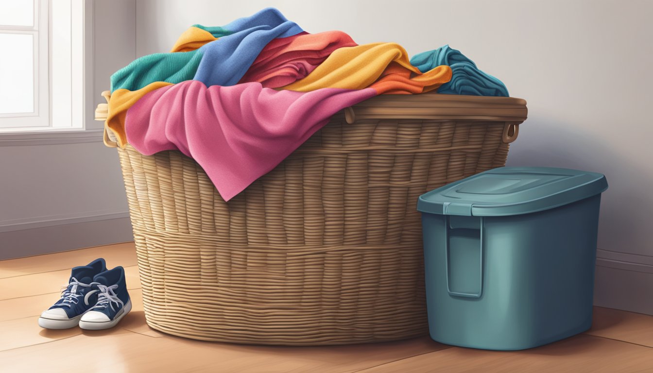 A laundry basket with a lid sits in a corner, overflowing with clothes. The lid is slightly ajar, and a few socks peek out from the top