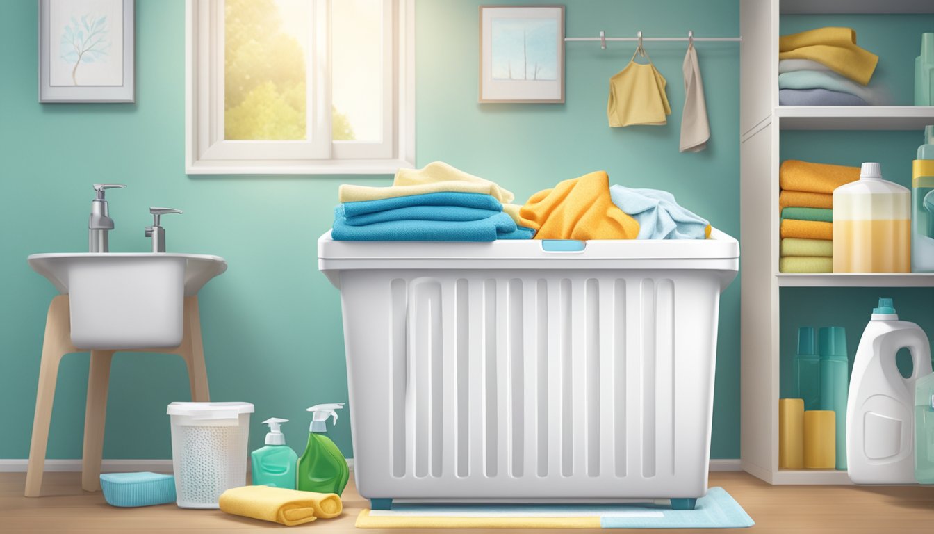 A hand reaching for a sleek, white laundry basket with a secure lid, surrounded by various laundry detergents and fabric softeners on a clean, organized shelf