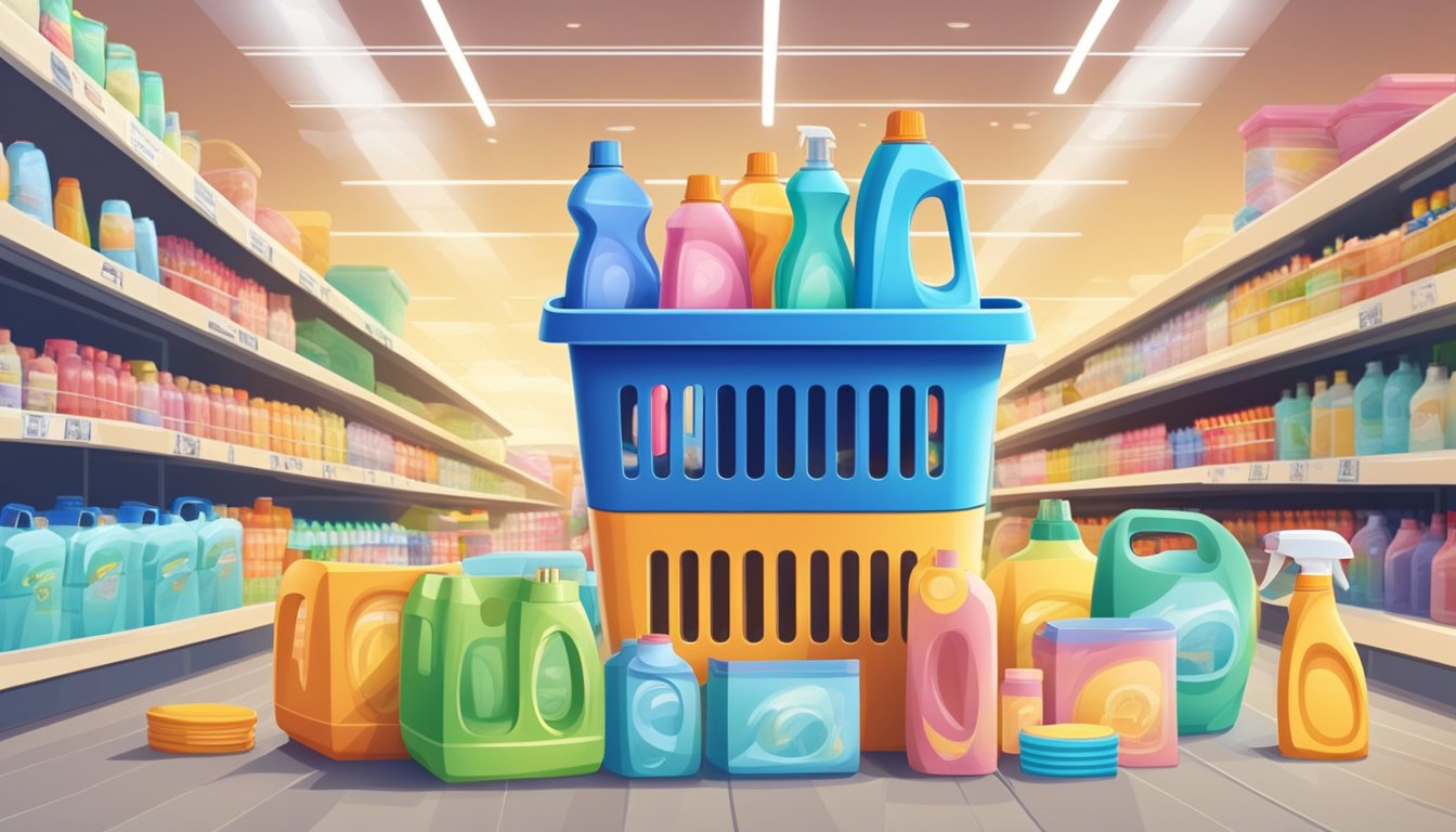 A laundry basket with a lid sits next to a display of colorful laundry detergent bottles in a bright and spacious aisle of a grocery store