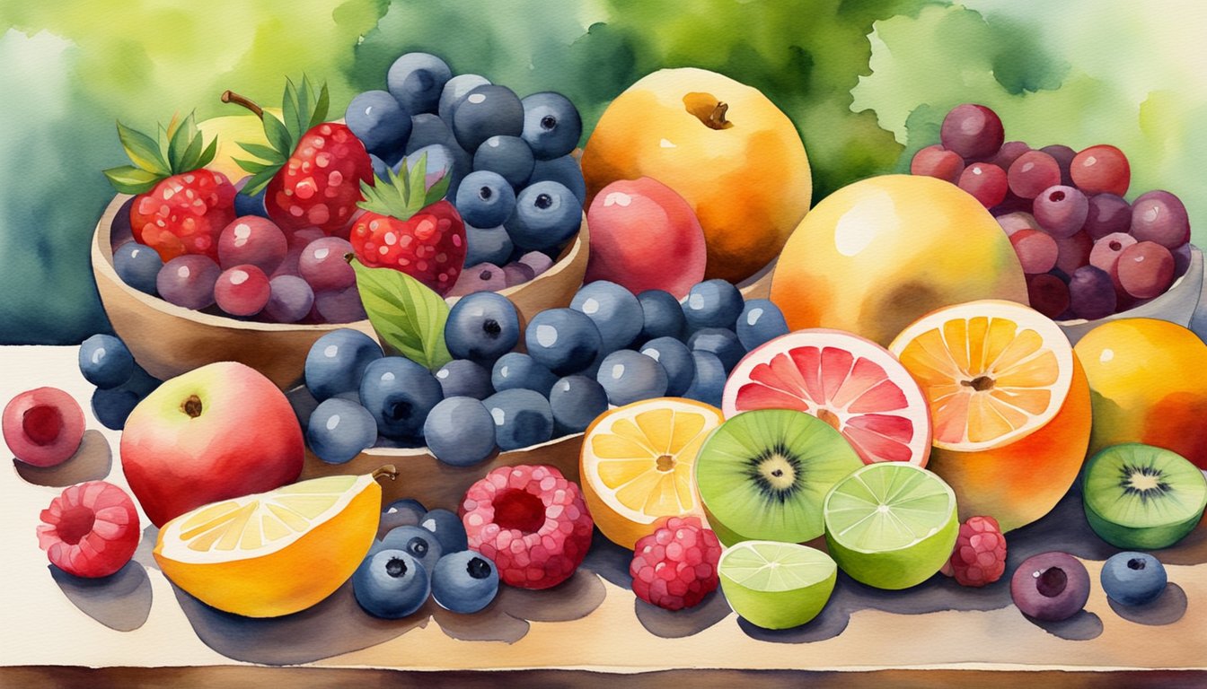 A colorful array of fresh fruits arranged neatly on a wooden cutting board, with a knife and a bowl of mixed berries nearby