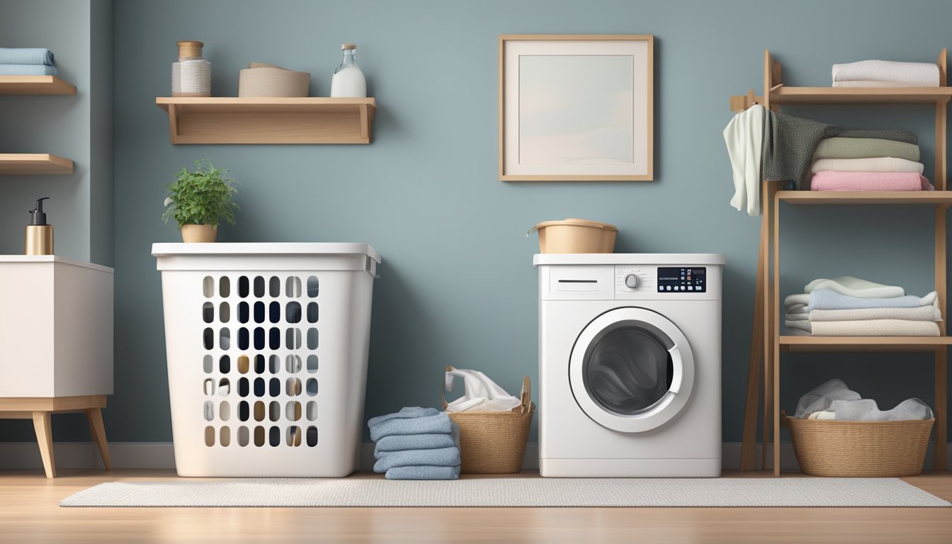 A laundry basket with a lid sits in a tidy room, surrounded by neatly folded clothes and a bottle of detergent