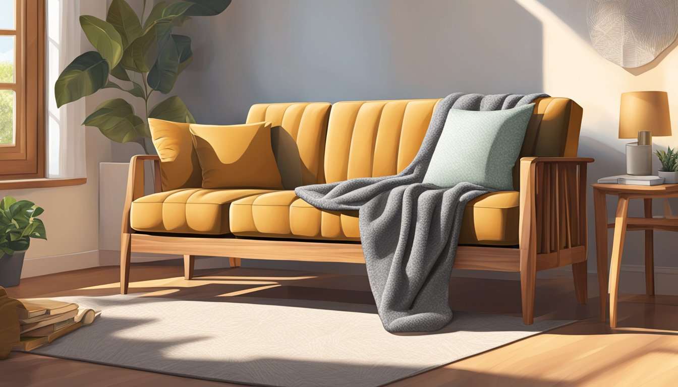 A solid wood sofa sits in a sunlit room, adorned with plush cushions and a cozy throw blanket