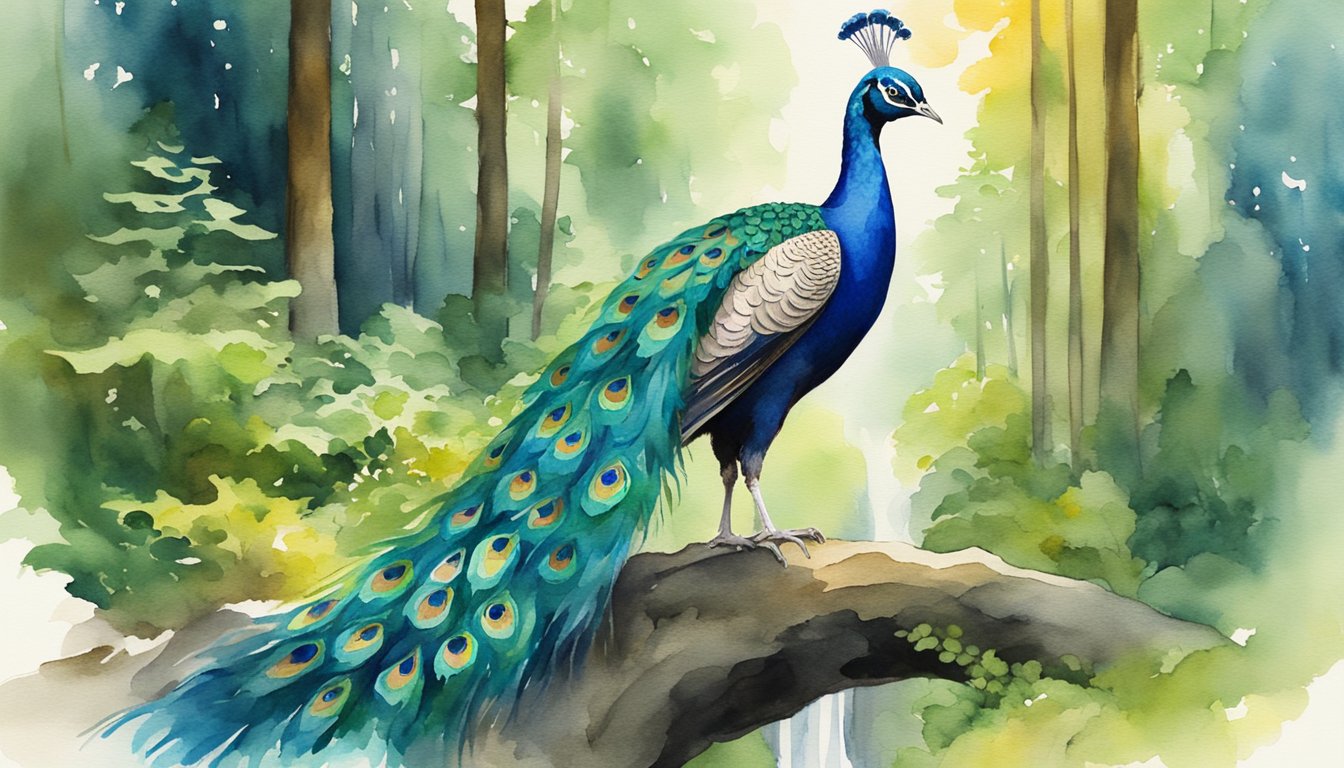 A peacock struts through a lush North American forest, its vibrant plumage catching the sunlight.</p><p>Tall trees and a clear stream form the backdrop