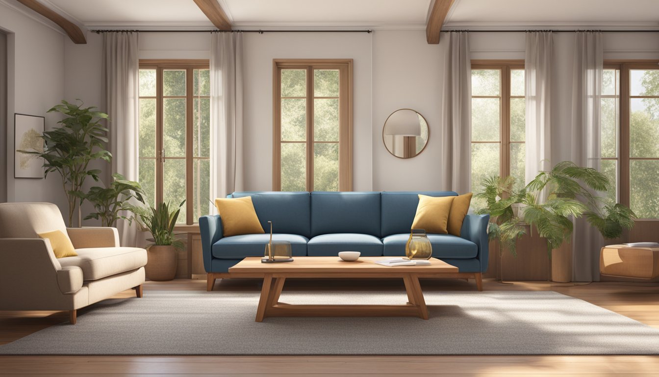 A solid wood sofa sits in a cozy living room, bathed in warm natural light. Its timeless design exudes elegance and durability