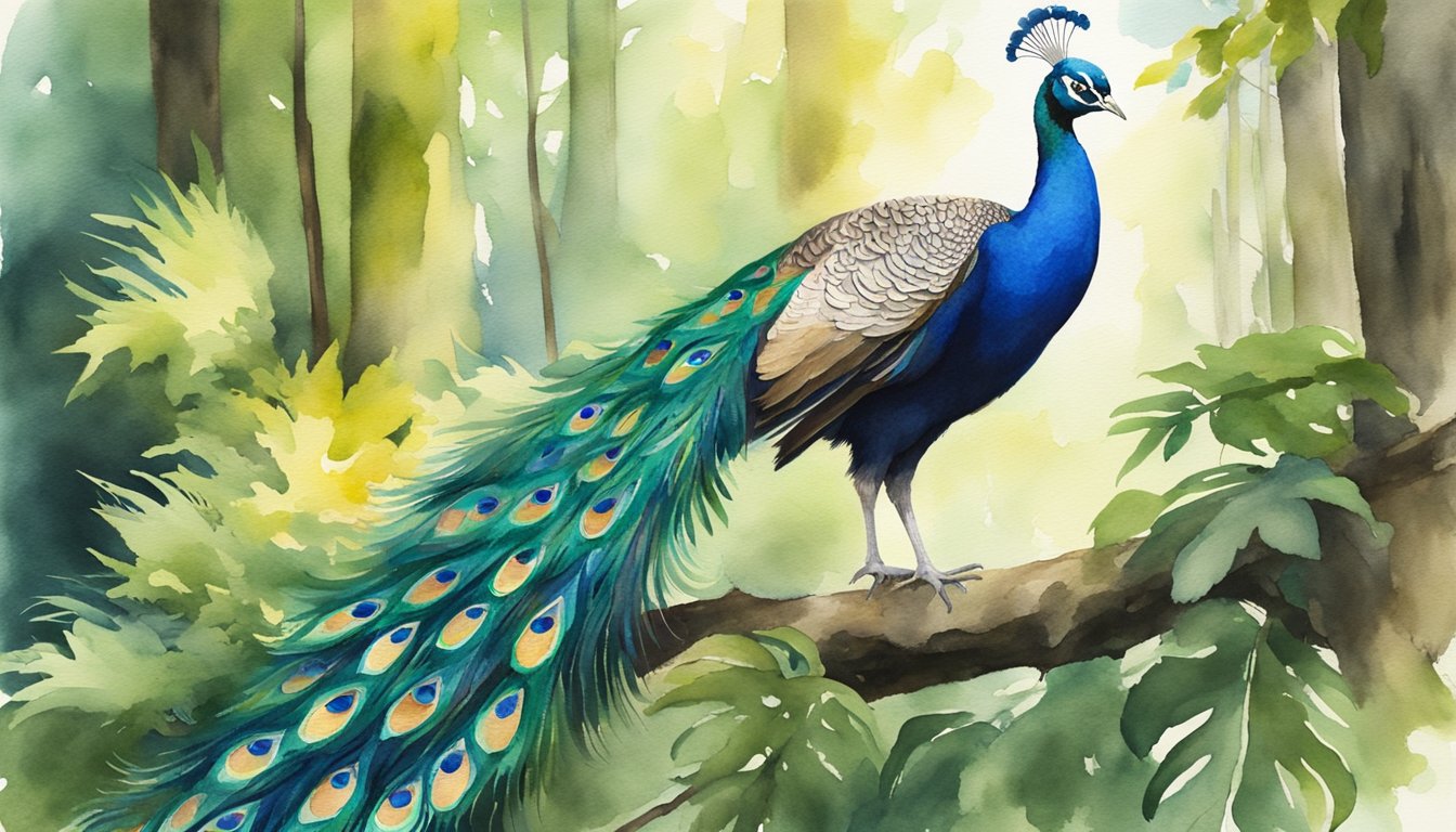 A peacock struts through a lush North American forest, its vibrant feathers catching the sunlight.</p><p>The majestic bird symbolizes the conservation efforts to protect its native habitat