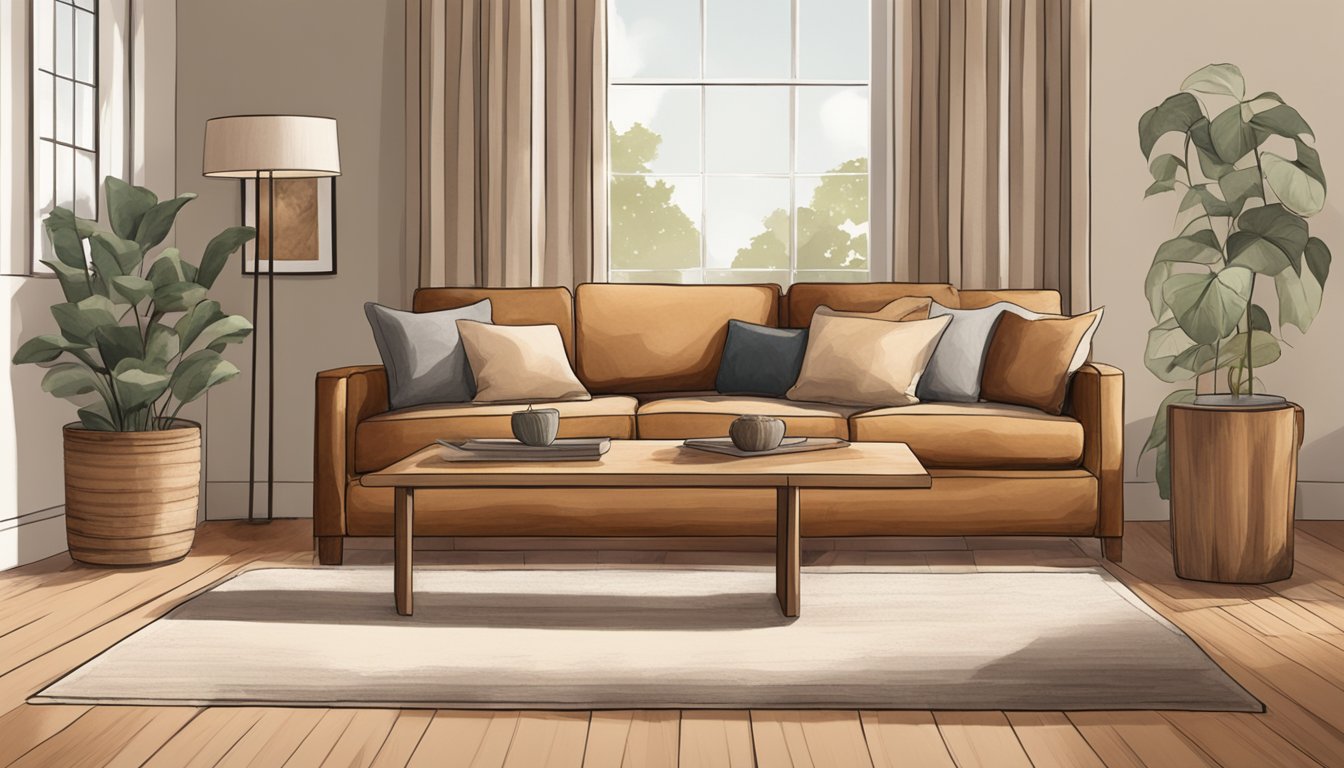 A solid wood sofa sits in a well-lit living room, surrounded by cozy throw pillows and a soft blanket. The room is adorned with warm, earthy tones and natural textures, creating a welcoming and comfortable atmosphere