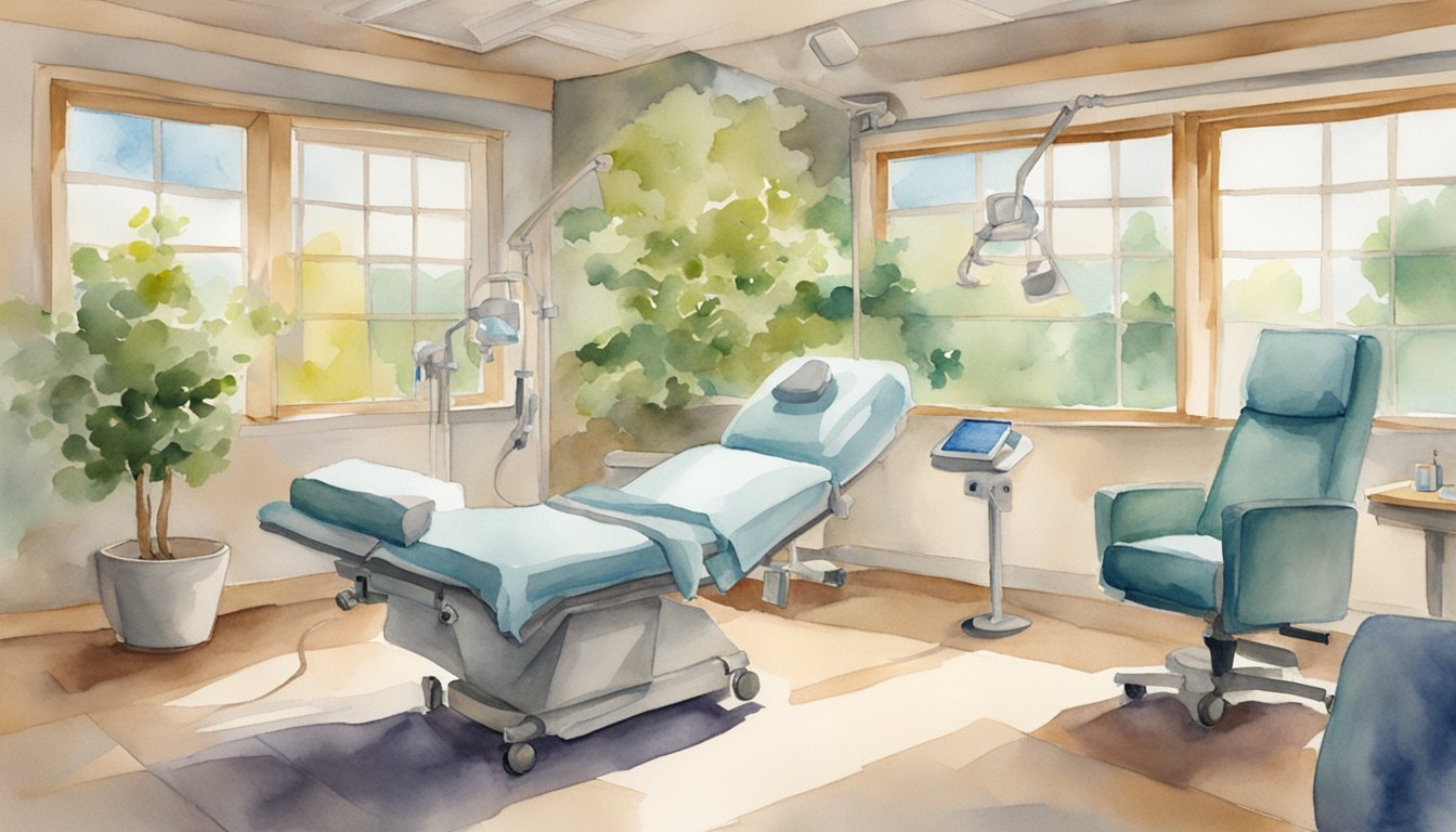 A serene recovery room with soft lighting and a comfortable reclining chair.</p><p>Medical equipment and soothing decor create a peaceful atmosphere for post-eye surgery rest and healing