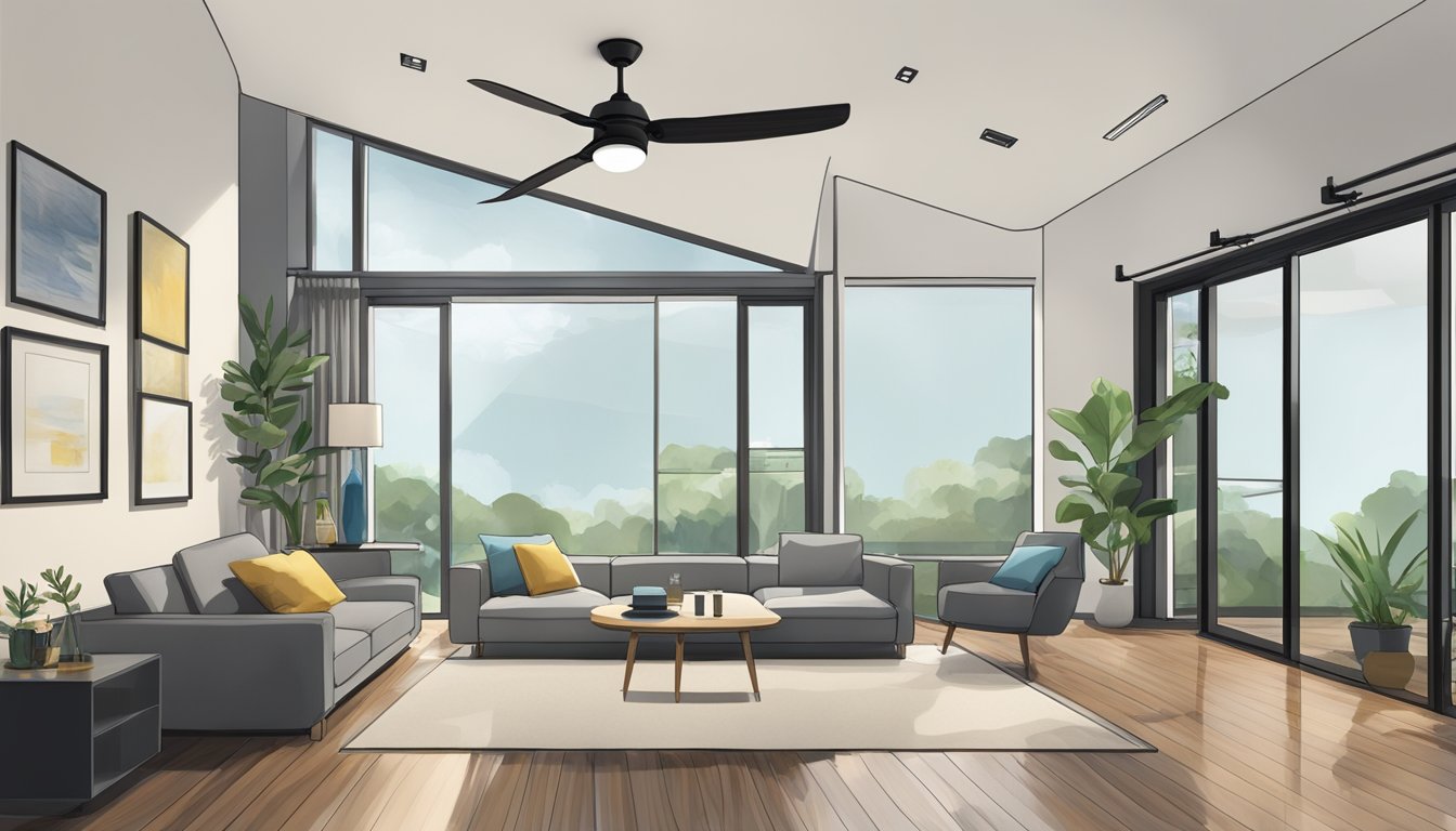 A ceiling fan hangs from a high ceiling in a modern Singaporean home, with sleek design and energy-efficient features