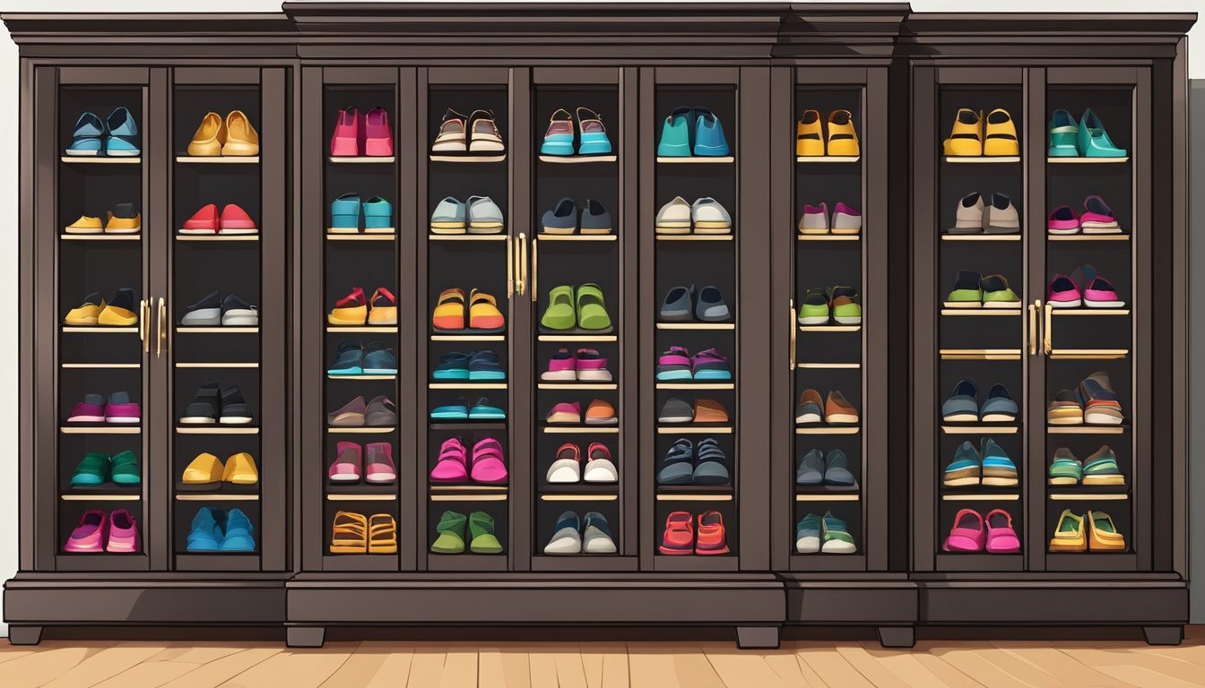 A shoe cupboard with multiple shelves filled with neatly organized shoes of various styles and colors. The cupboard is made of dark wood and has glass doors with decorative handles