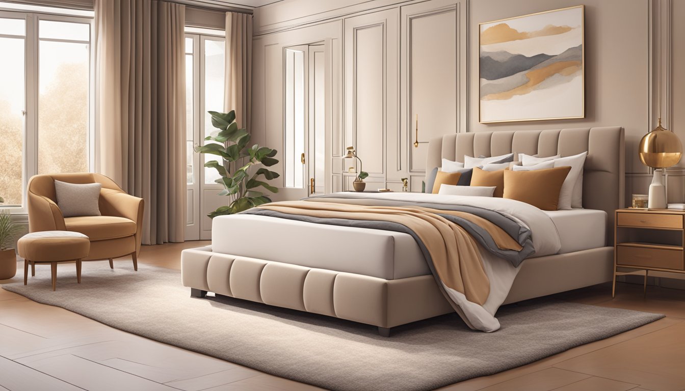 A cozy bedroom with a luxurious mattress topper displayed on a bed, surrounded by soft pillows and a warm color palette
