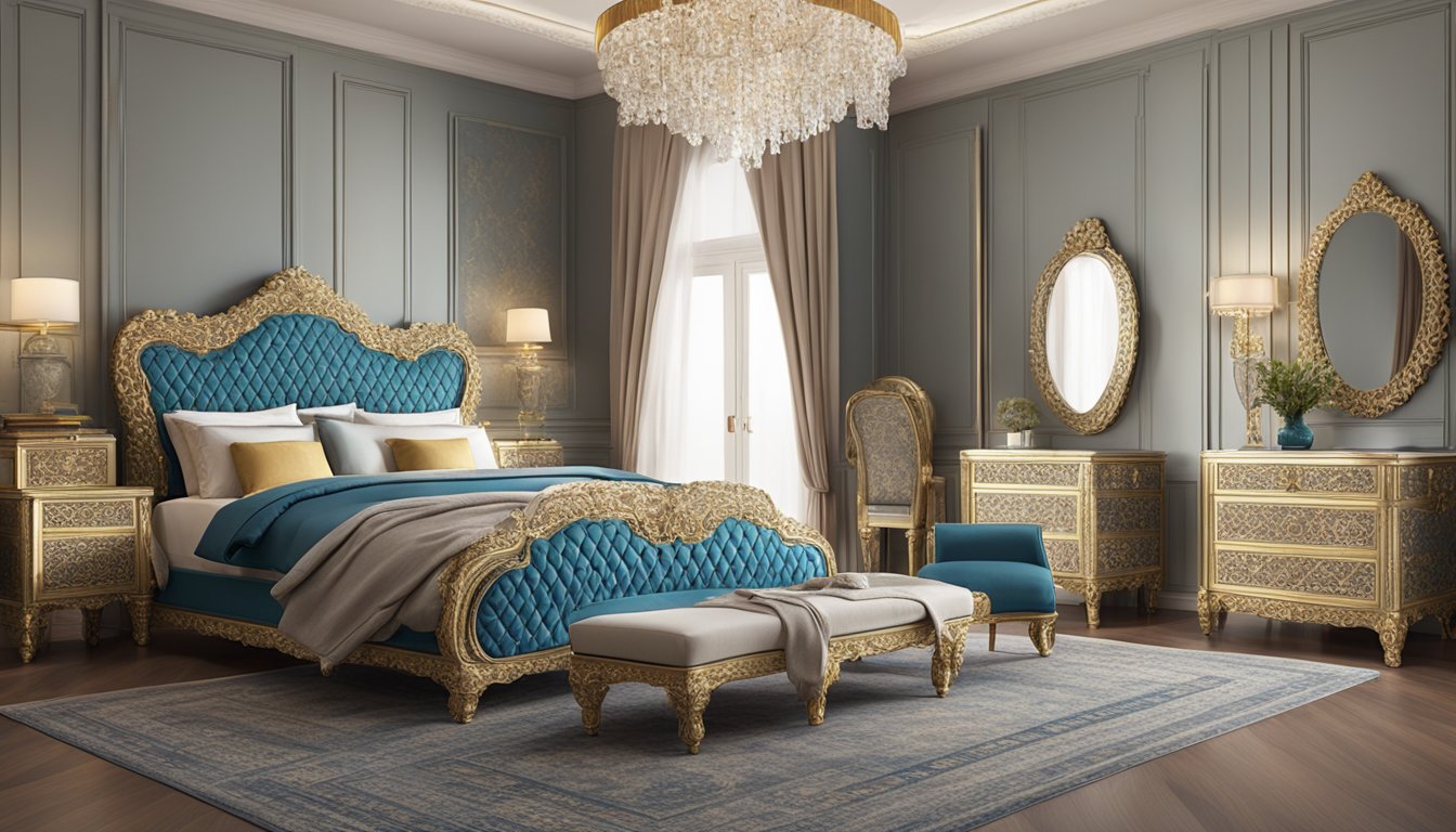 Two ornate ottoman beds with richly patterned fabrics and intricate carvings, placed in a lavish and opulent bedroom setting
