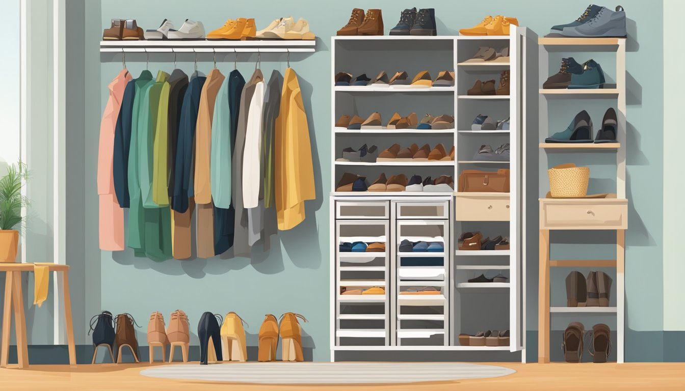 A neatly organized shoe cupboard with various pairs of shoes arranged on shelves and hanging from hooks, with a mirror on the door and a small stool in front