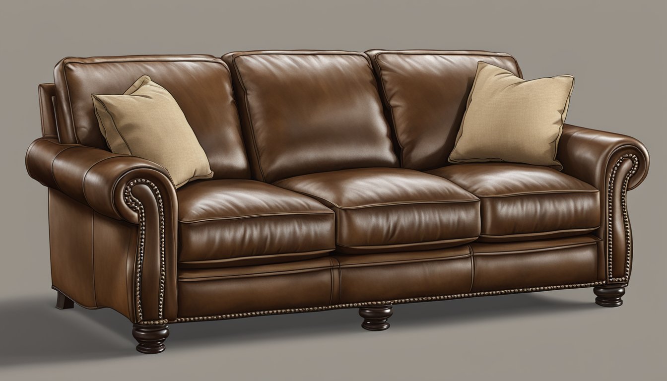 A leather recliner sofa sits in a well-lit living room, surrounded by cozy throw pillows and a soft blanket. The sofa's smooth, rich leather exudes luxury and comfort, inviting anyone to sit and relax