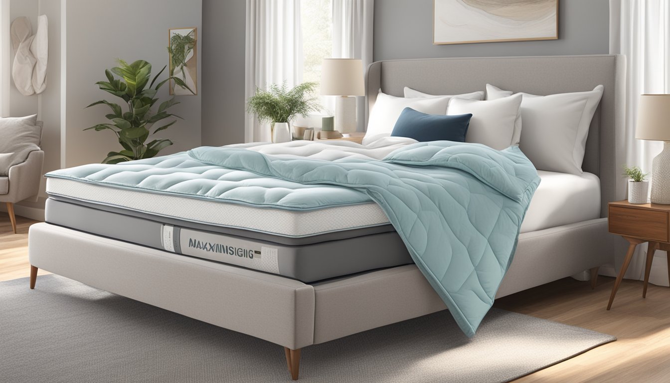 A cozy bedroom with a plush mattress topper, surrounded by soft pillows and a warm blanket. The topper is labeled "Maximising Comfort and Durability" on sale