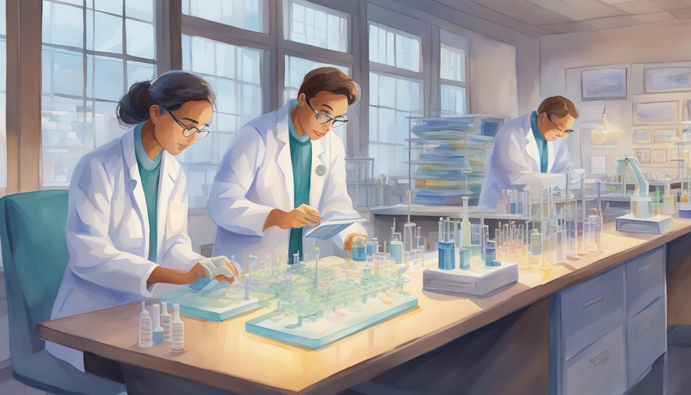 Scientists in lab coats work on DNA strands under strict ethical and safety guidelines.</p><p>Regulatory documents are visible on the desk