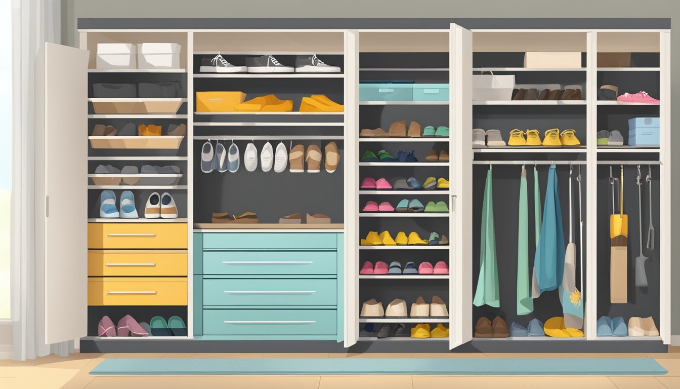 Shoe cupboard with neatly arranged pairs, labelled shelves, and a cleaning kit