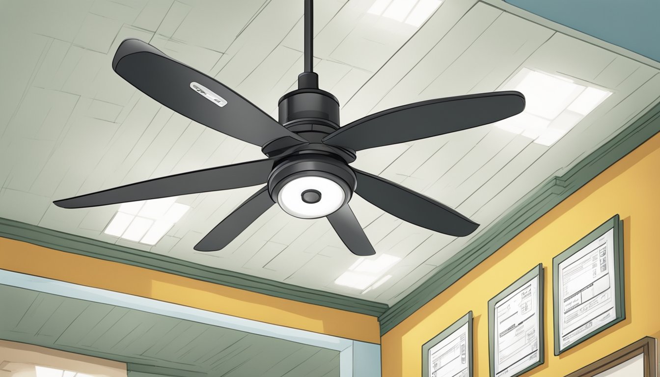 A ceiling fan suspended from the center of a room, with a price tag and a "Frequently Asked Questions" sign displayed nearby