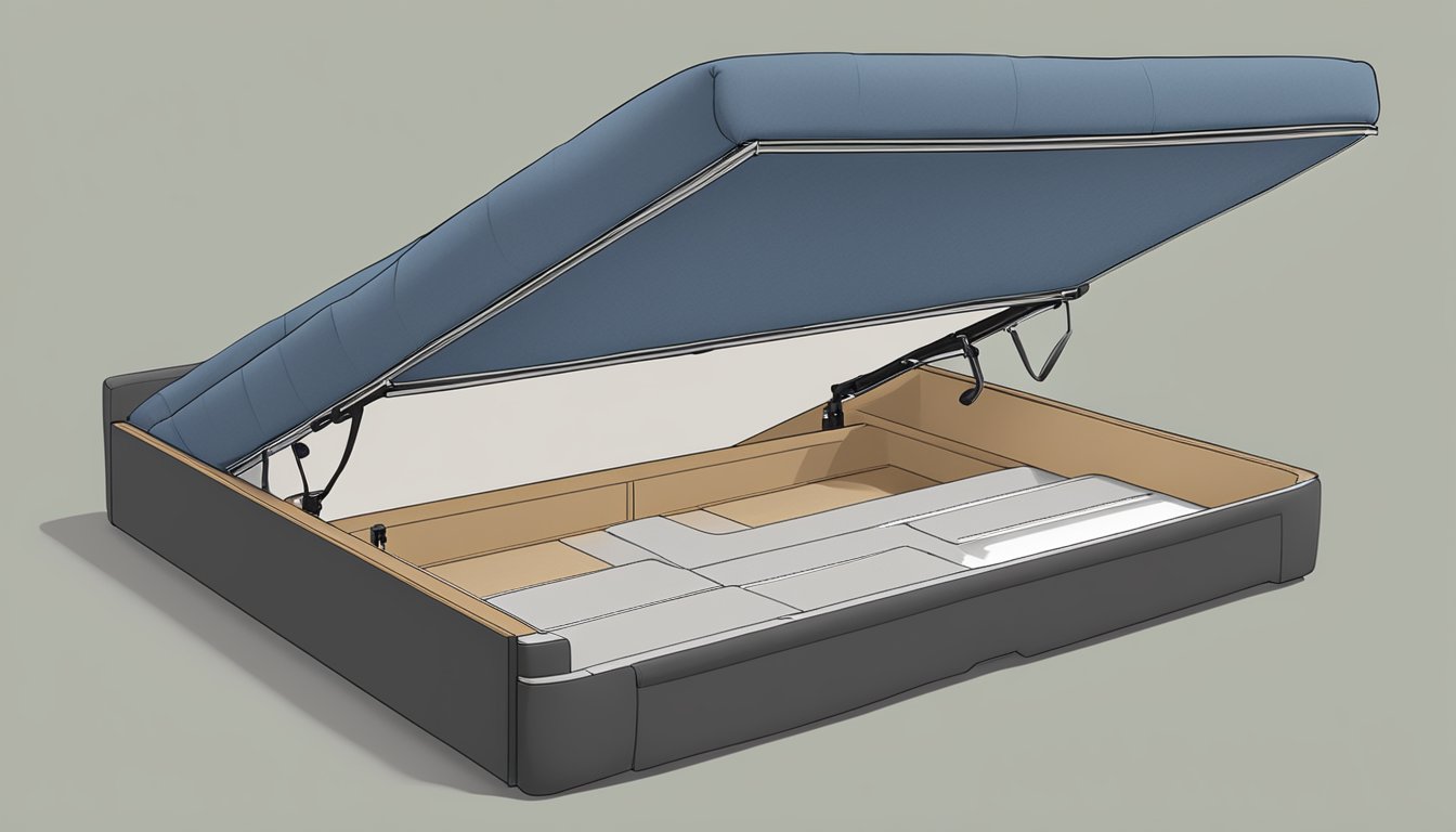 A person pulls up the ottoman bed to reveal a spacious storage compartment. The bed frame is sturdy and easy to clean