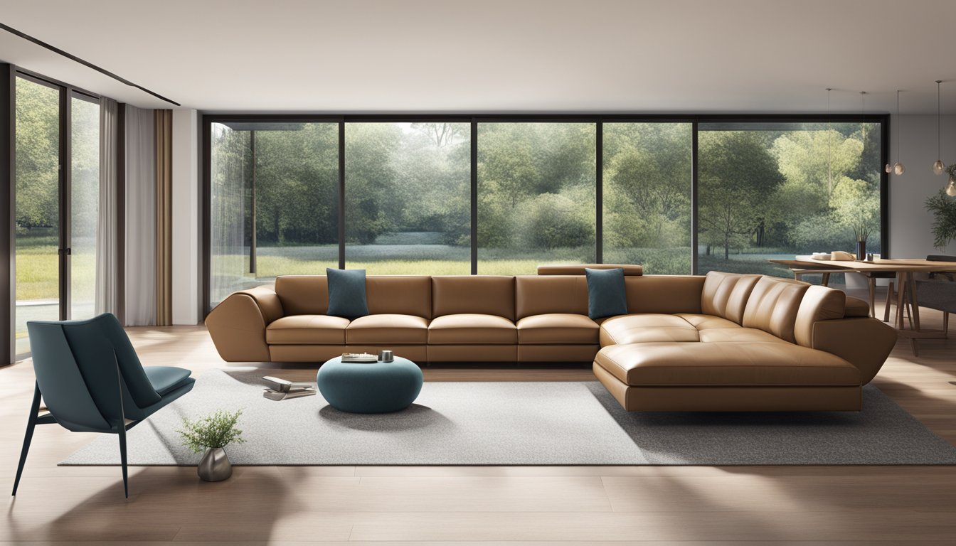 A leather recliner sofa in a modern living room, with a sleek and stylish design. The sofa is situated in front of a large window, allowing natural light to illuminate the space