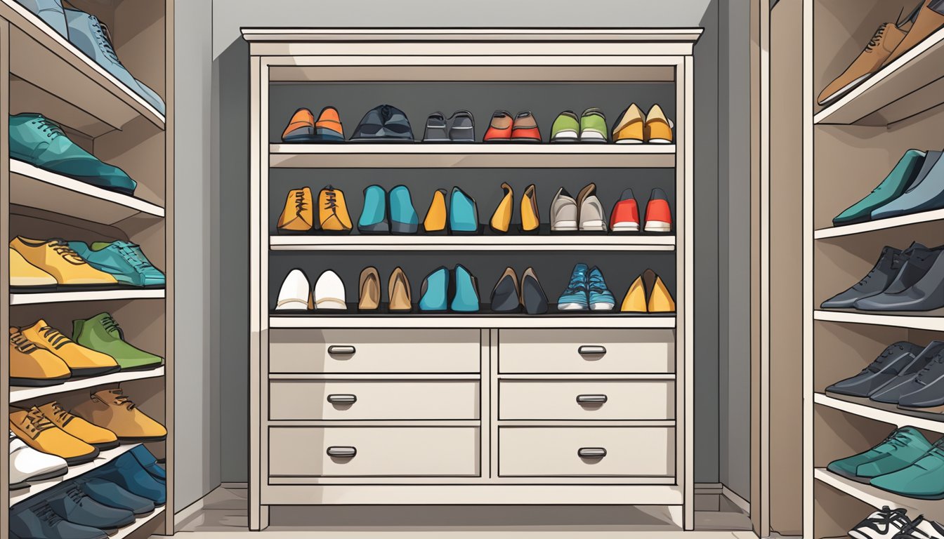A neatly organized shoe cupboard with various pairs of shoes neatly arranged on shelves