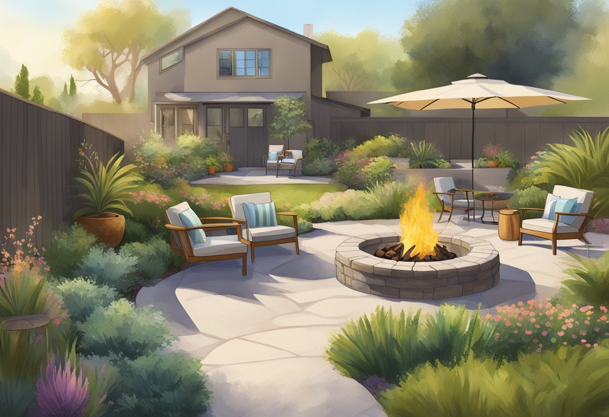 A sunny California backyard with lush, drought-tolerant plants, a meandering pathway, and a cozy outdoor seating area with a fire pit