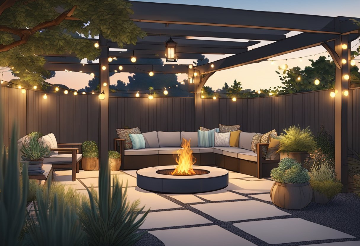 A cozy outdoor seating area with a fire pit surrounded by drought-tolerant plants and a pergola with string lights. A built-in BBQ and a dining area complete the California style backyard