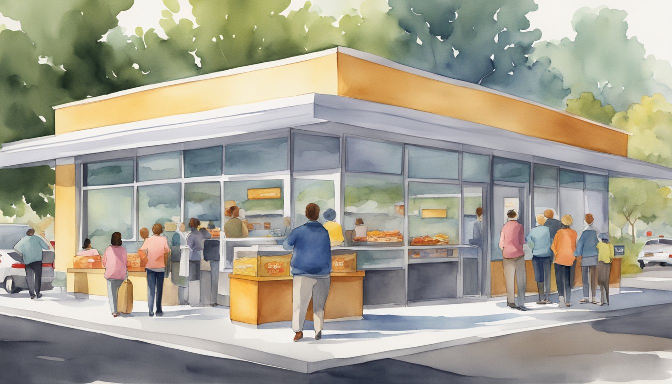 The first fast food restaurant opens, with a long line of eager customers waiting to try the new quick-service concept.</p><p>The building features a simple, modern design with bold signage and a drive-thru window for convenience