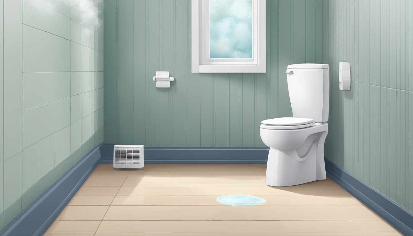 A toilet dehumidifier sits on the bathroom floor, quietly removing excess moisture from the air. The small device is plugged into the wall and emits a soft hum as it works